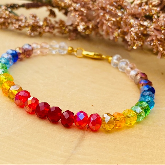 Rainbow Swarovski Crystal Gold Beaded Bracelet. PRIDE - Picture 2 of 4